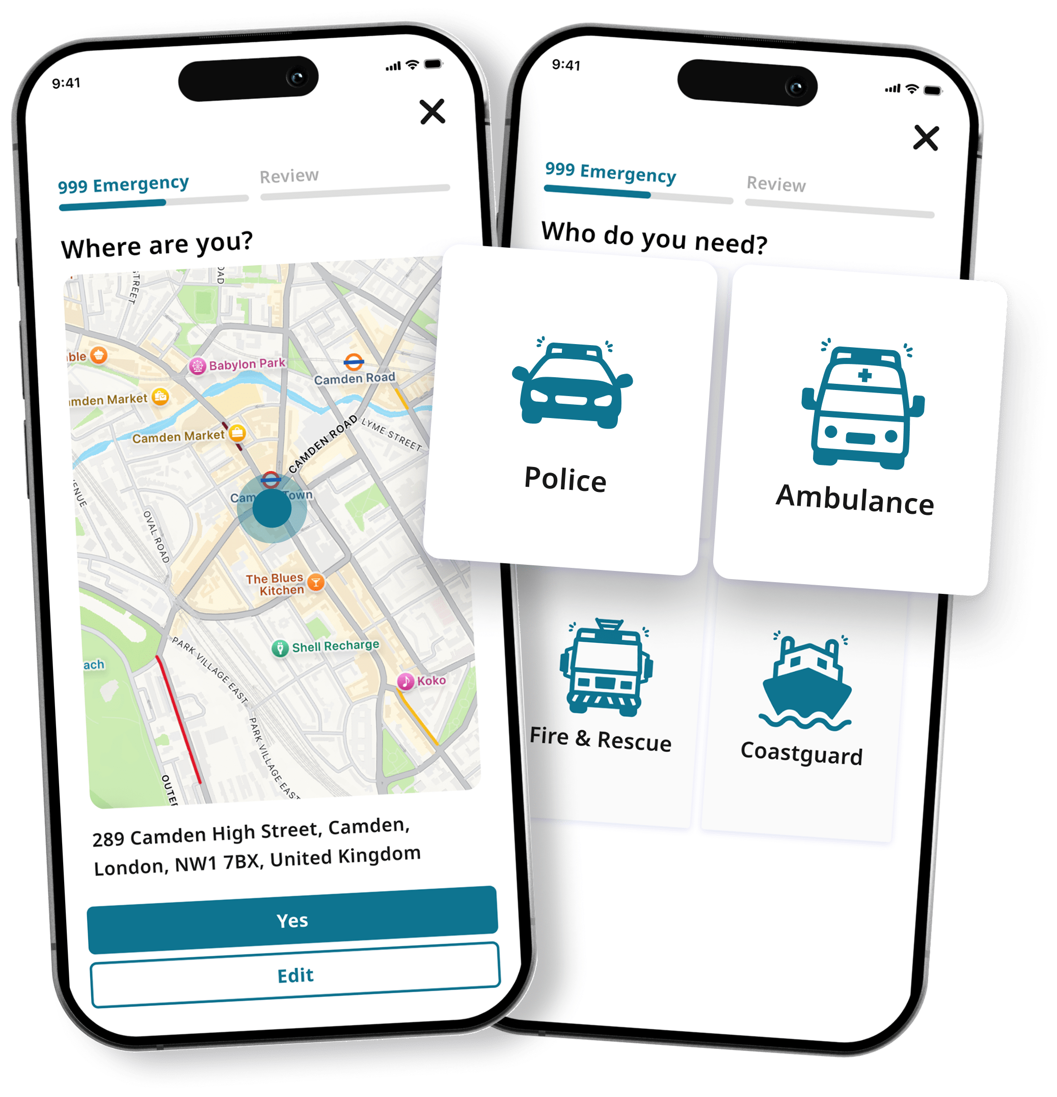 Two smartphone screens showing a 999 emergency app interface. The left screen displays a map centered on Camden Town, London, with a highlighted address at 289 Camden High Street, and options to confirm or edit the location. The right screen asks “Who do you need?” with large buttons for emergency services: Police, Ambulance, Fire & Rescue, and Coastguard.